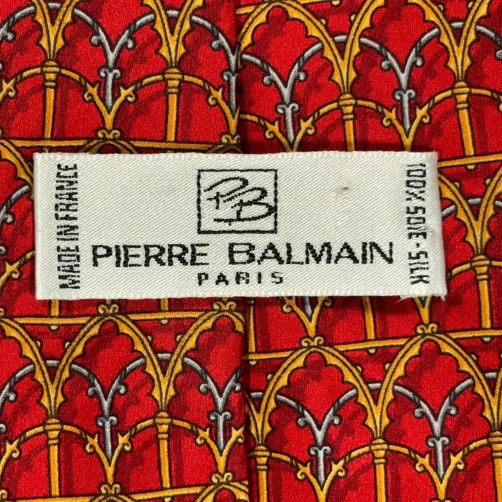 Vintage Pierre Balmain 100% Silk Tie Red‎ Gold Gothic Arches France 3.75x59